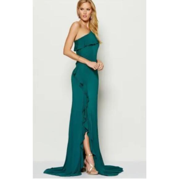 David Meister One Shoulder Ruffle Trim Maxi Dress Size 14 NWT Green - Picture 7 of 11